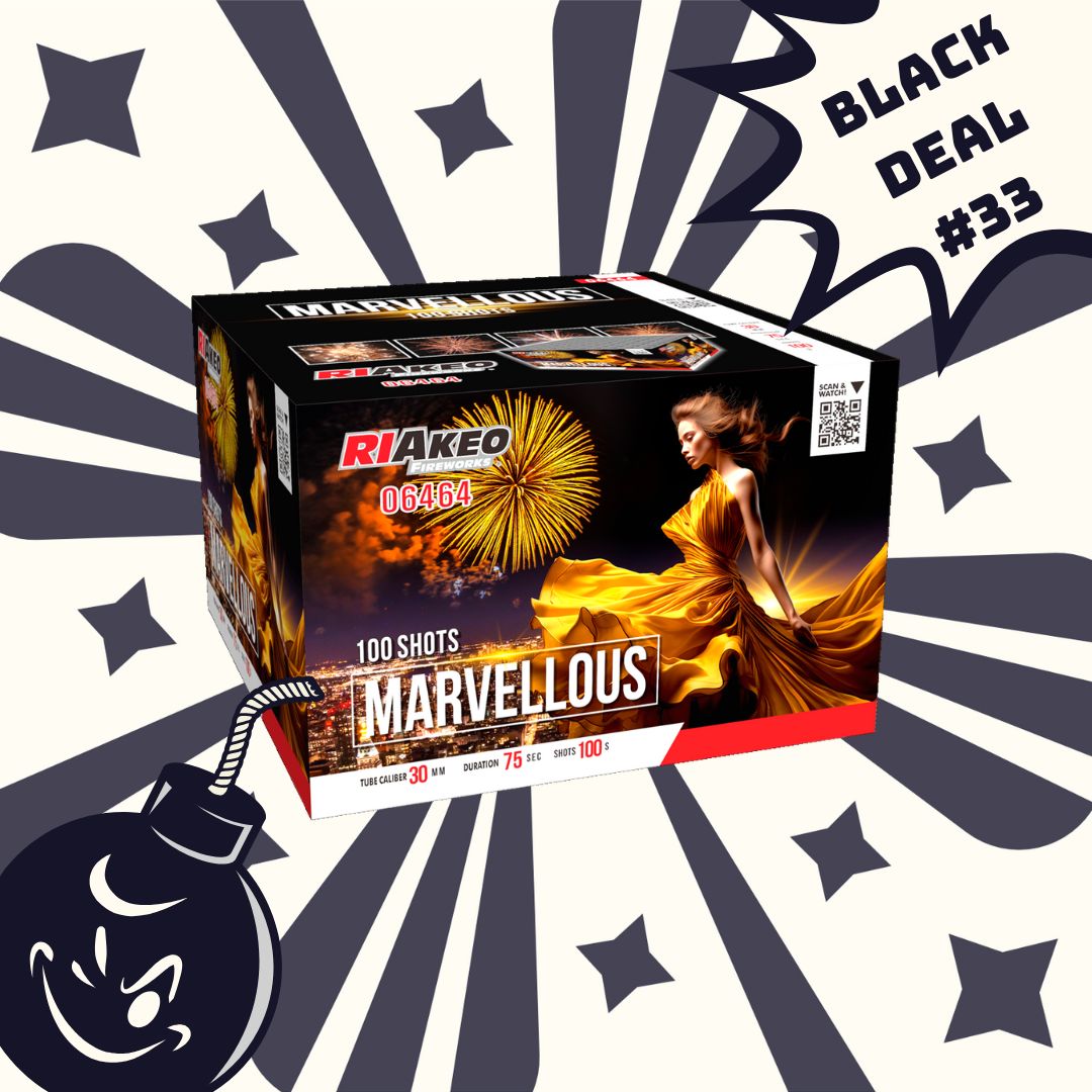 Eine leuchtende Feuerwerksdose mit der Aufschrift "RIAkeo #BLACKDEAL 33 Marvellous 100sh" zeigt eine Frau in einem gelben Kleid mit einem Feuerwerk im Hintergrund, Starburst- und Cartoon-Bomben-Grafiken sowie den Text "100 shots".