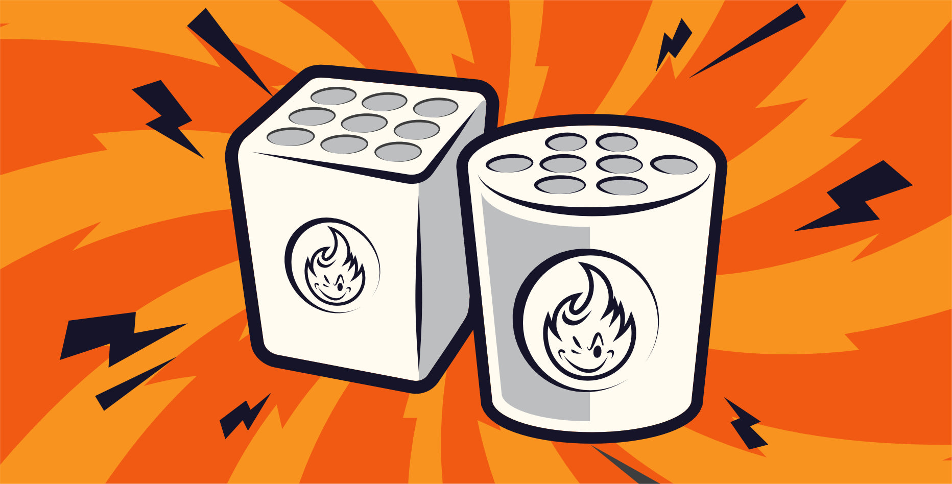 Abbildung eines Salz- und Pfefferstreuers mit Flammensymbolen auf einem orangefarbenen Hintergrund mit schwarzen Blitzen, die ein Gefühl von Würze und Energie vermitteln.