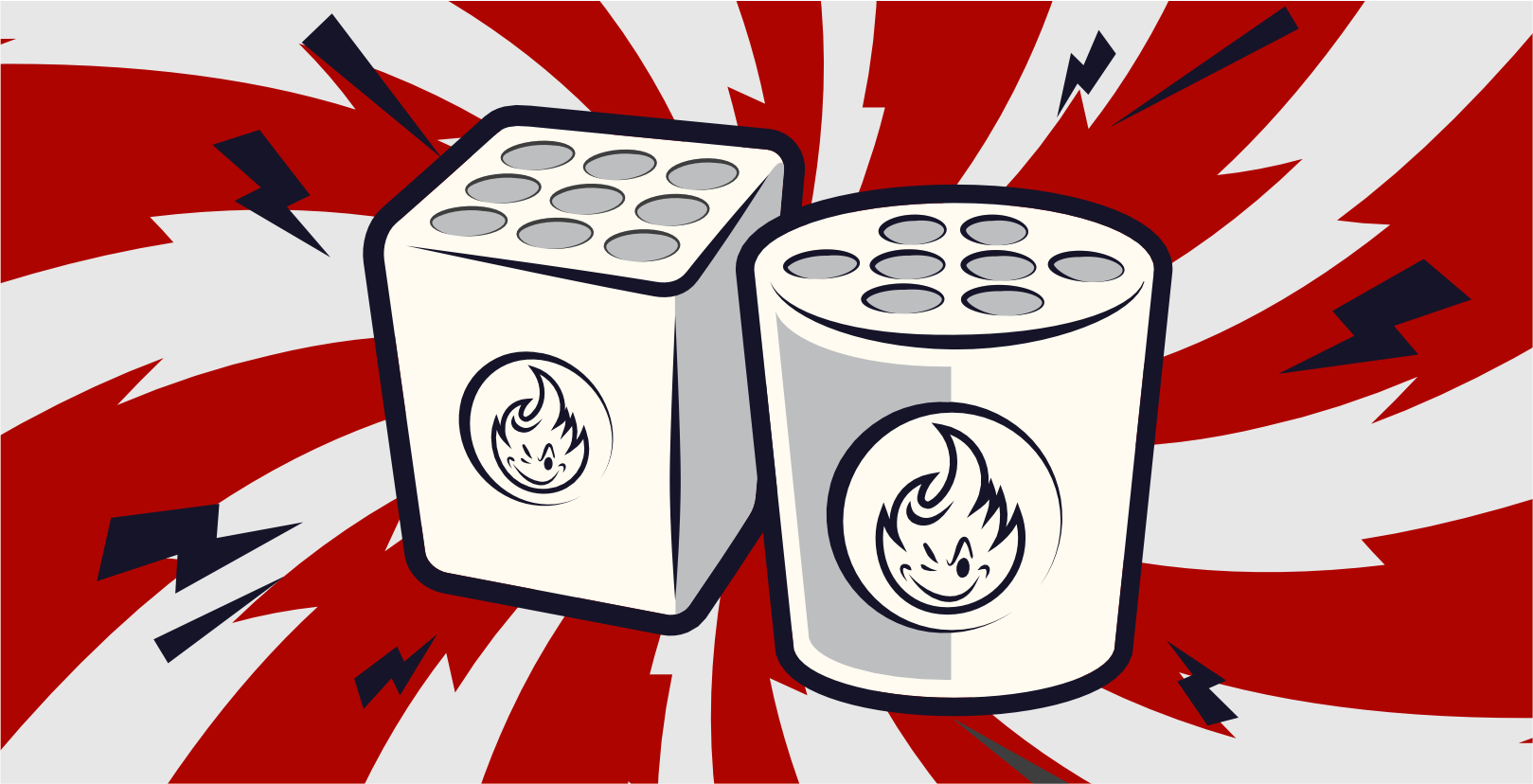 Zwei stilisierte Behälter, einer quadratisch und einer rund, mit Flammensymbolen. Der rot-weiße Spiralhintergrund mit schwarzen Blitzakzenten erzeugt ein dynamisches, energiegeladenes Gefühl.