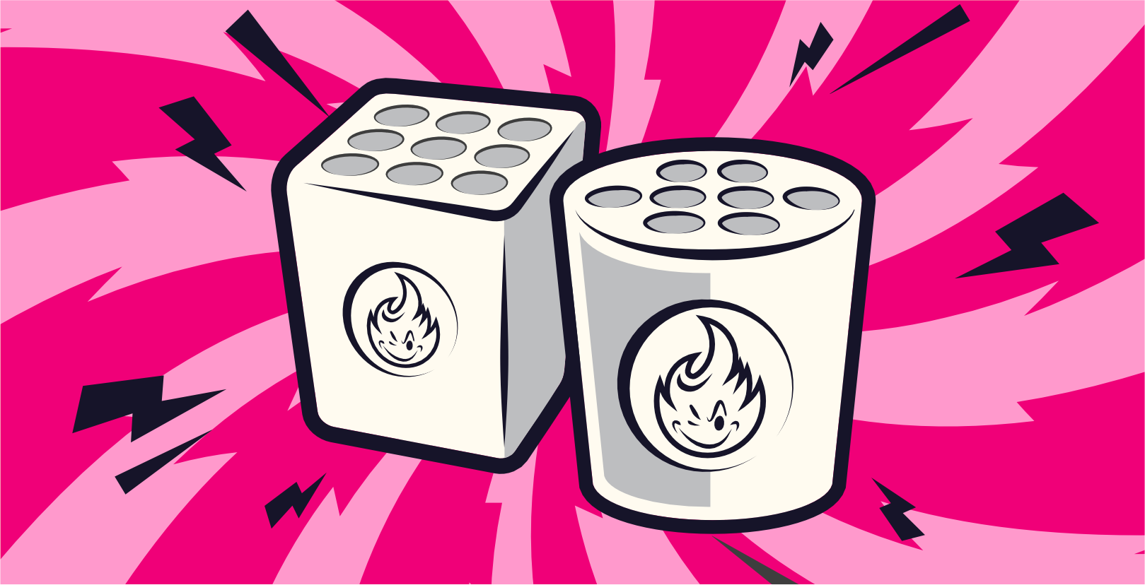 Abbildung eines rechteckigen und eines zylindrischen Behälters, beide mit einem Flammensymbol, vor einem dynamischen rosa und magentafarbenen Hintergrund mit schwarzen Blitzen.