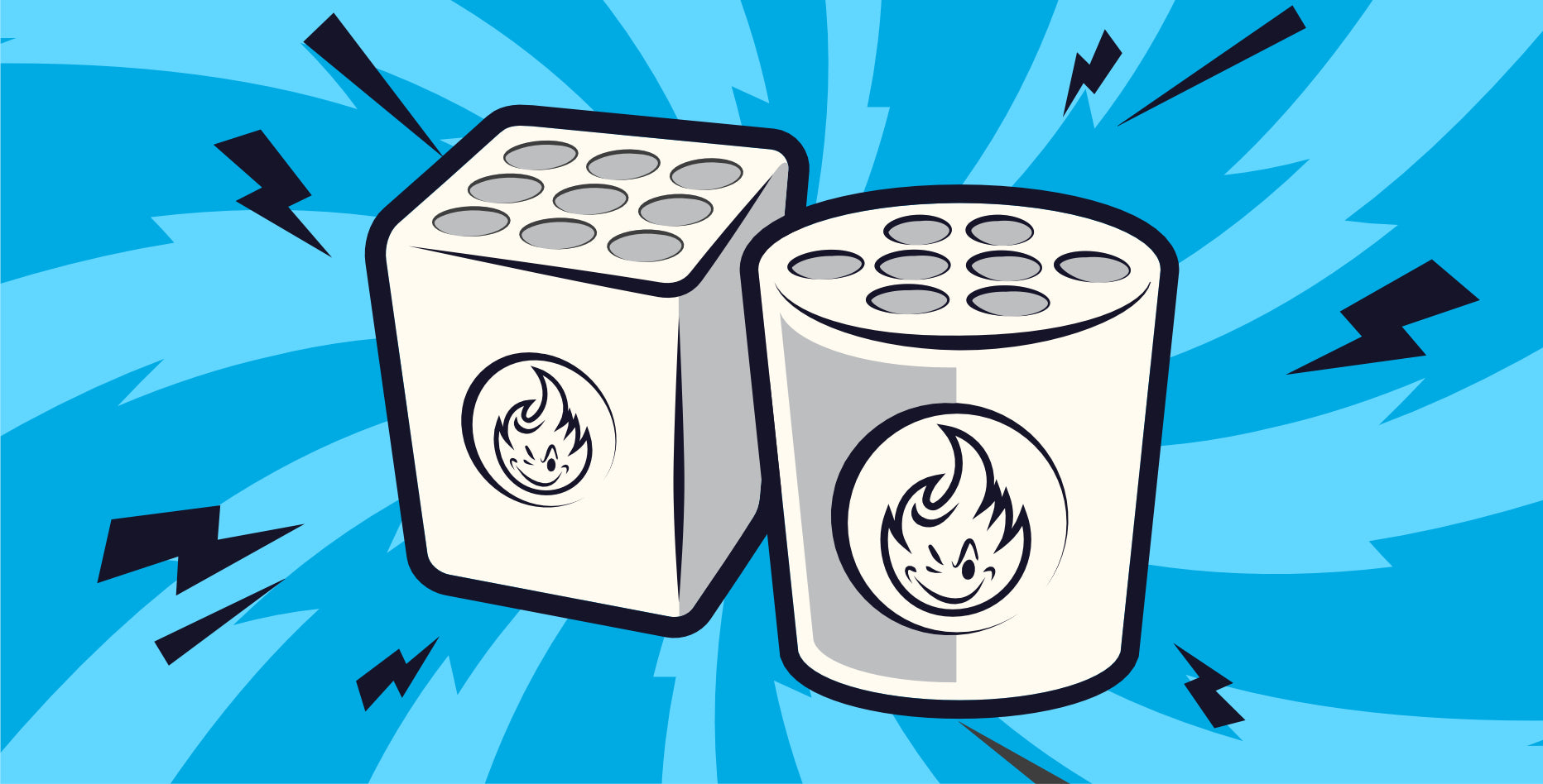 Abbildung von zwei weißen Batterien, eine quadratische und eine zylindrische, mit jeweils einem Flammensymbol auf jeder. Der Hintergrund zeigt dynamische blaue Strahlen und schwarze Blitze, die ein Gefühl von Energie und Kraft vermitteln.