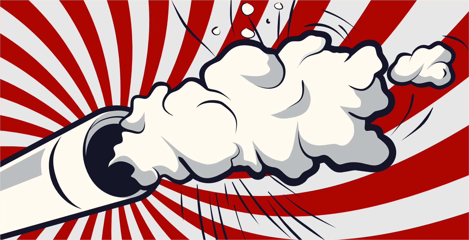 Eine stilisierte Pop-Art-Illustration zeigt eine Kanone, die eine weiße Rauchwolke abfeuert. Der Hintergrund ist mit einem rot-weißen radialen Muster versehen, das einen dynamischen, energiegeladenen Effekt erzeugt.