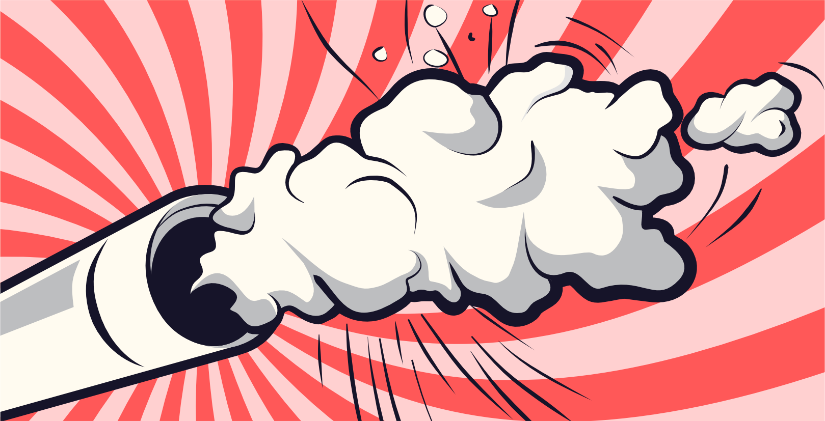 Eine stilisierte Comic-Illustration einer Kanone, die eine Rauchwolke vor einem Hintergrund aus roten und rosafarbenen radialen Streifen abfeuert. Kleine Trümmer und Bewegungslinien betonen die explosive Aktion.