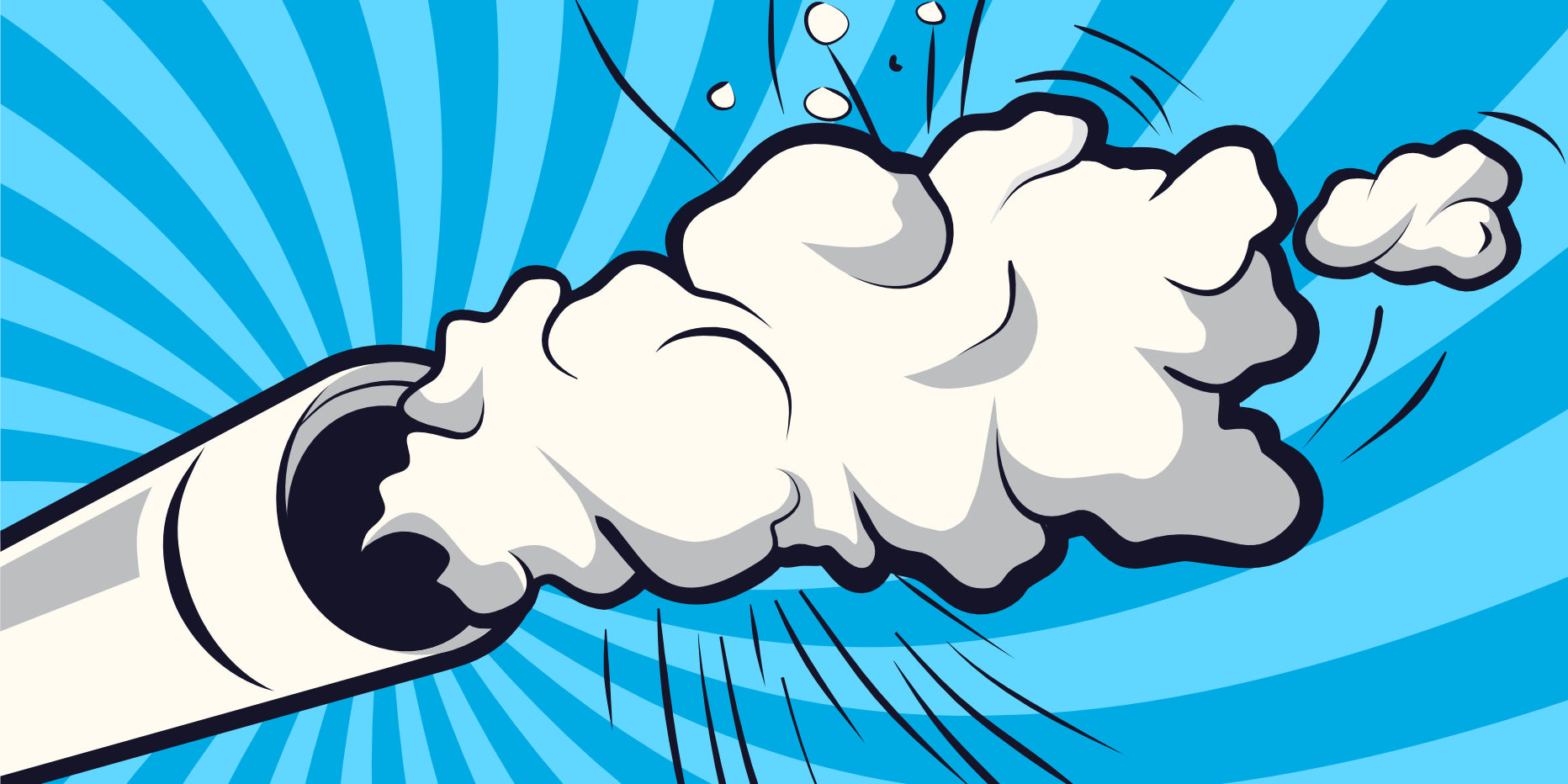 Illustration von weißem Rauch, der aus einem zylindrischen Objekt vor einem blauen, radialen Hintergrund mit Streulichteffekten und Bewegungslinien aufsteigt und so ein dynamisches Gefühl von Bewegung vermittelt.