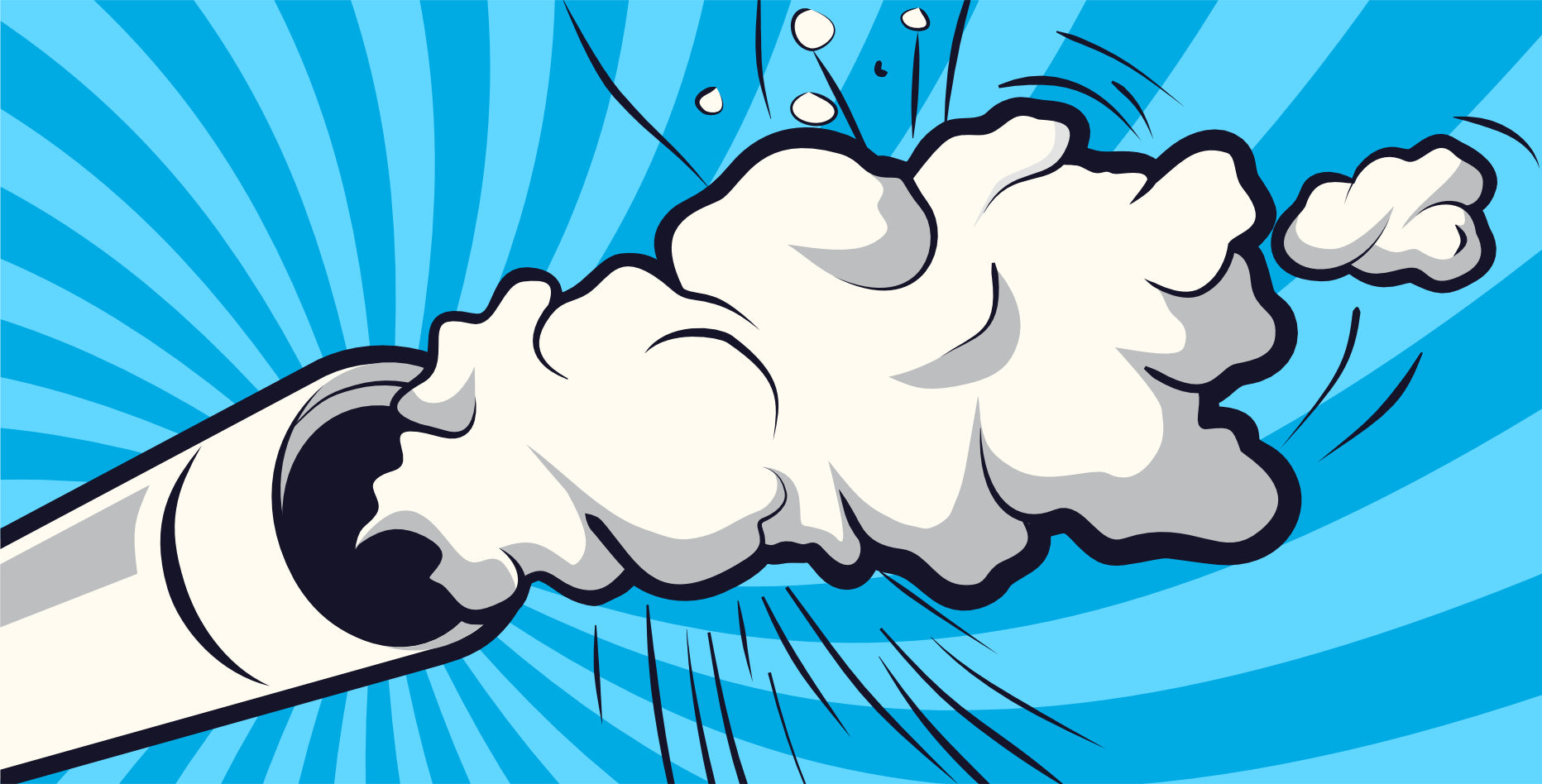 Illustration von weißem Rauch, der aus einem zylindrischen Objekt vor einem blauen, radialen Hintergrund mit Streulichteffekten und Bewegungslinien aufsteigt und so ein dynamisches Gefühl von Bewegung vermittelt.