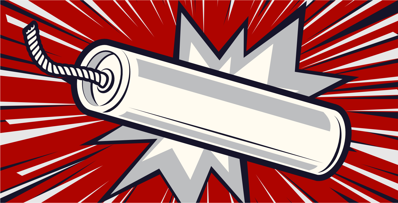 Illustration einer Dynamitstange im Cartoon-Stil mit einer brennenden Zündschnur vor einem rot-weißen Explosionshintergrund, der an eine Comic-Explosion erinnert.