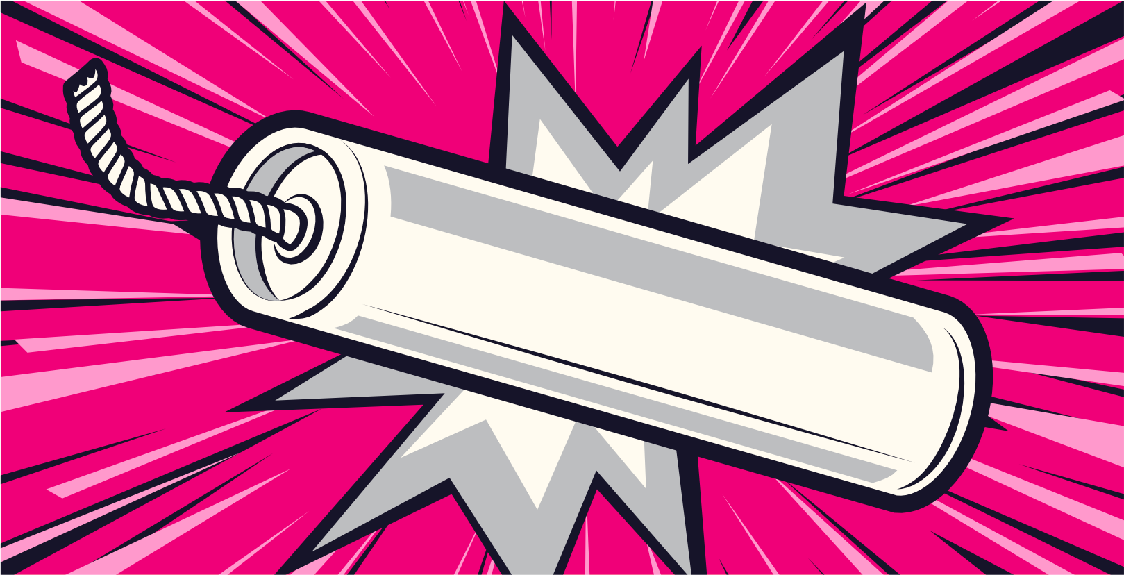 Illustration einer Cartoon-Dynamitstange mit Zündschnur vor einem leuchtend rosa Hintergrund mit Sternenmuster, die an eine Explosion im Comic-Stil erinnert.