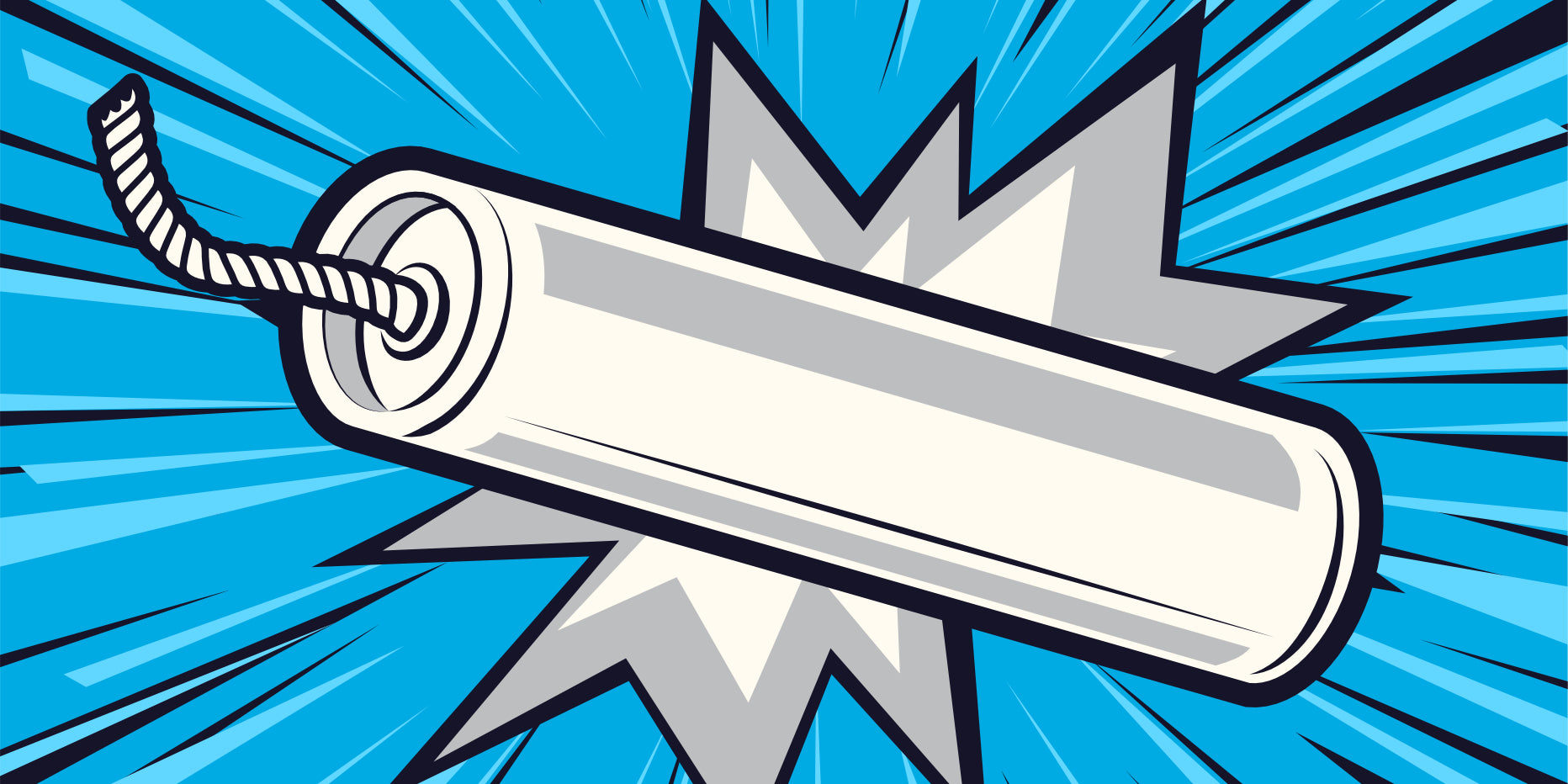 Abbildung eines großen Dynamitstabs im Cartoon-Stil mit sichtbarer Zündschnur vor einem blauen, sternförmigen Hintergrund. Das Dynamit ist weiß und grau hervorgehoben, was einen kräftigen, explosiven Effekt hervorhebt.