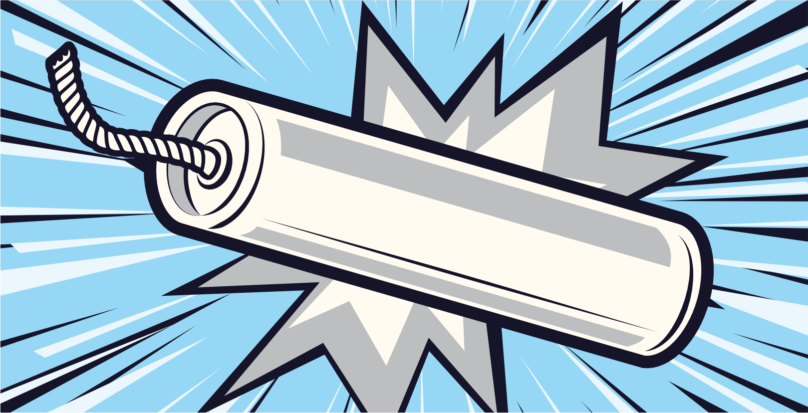 Illustration einer Dynamitstange im Cartoon-Stil mit einer Zündschnur und explosiven Explosionslinien im Hintergrund auf hellblauem Untergrund.