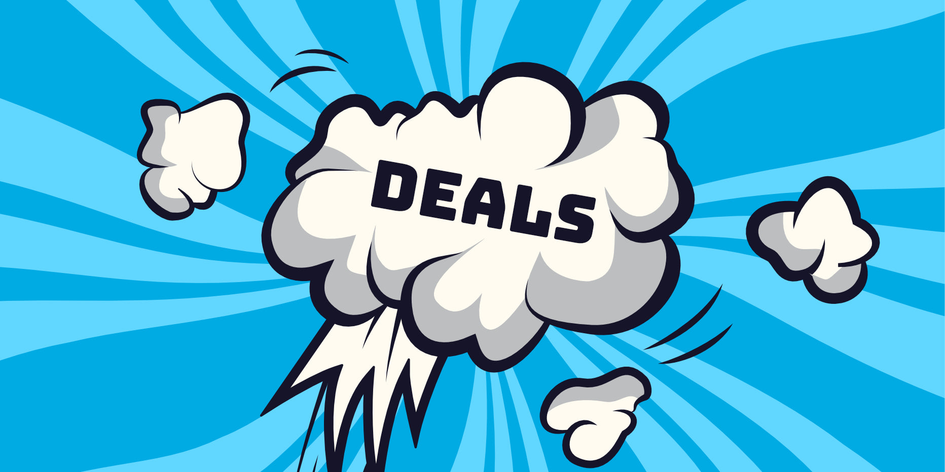 Eine Wolke im Cartoon-Stil platzt vor einem hellblauen radialen Hintergrund mit dem Wort „DEALS“ in fetten schwarzen Buchstaben. Weiße Rauchwolken und dynamische Bewegungslinien betonen Energie und Aufregung.