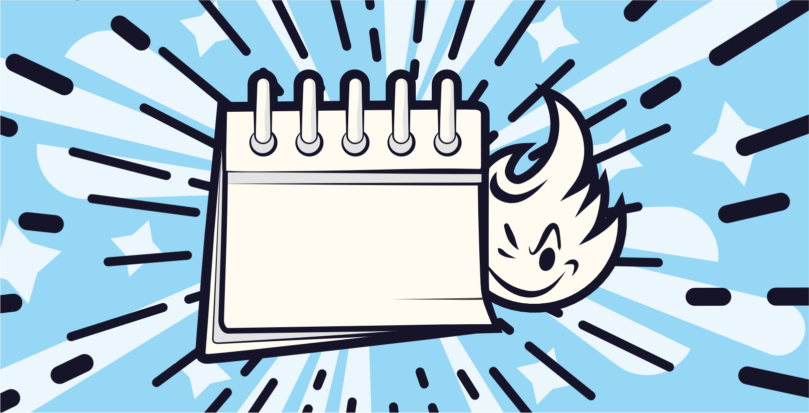 Eine Cartoon-Illustration eines spiralgebundenen Notizblocks mit leeren Seiten und einer lächelnden Flamme daneben. Der Hintergrund zeigt dynamische blaue und weiße Explosionen und Sternformen, die eine energetische und skurrile Atmosphäre schaffen.