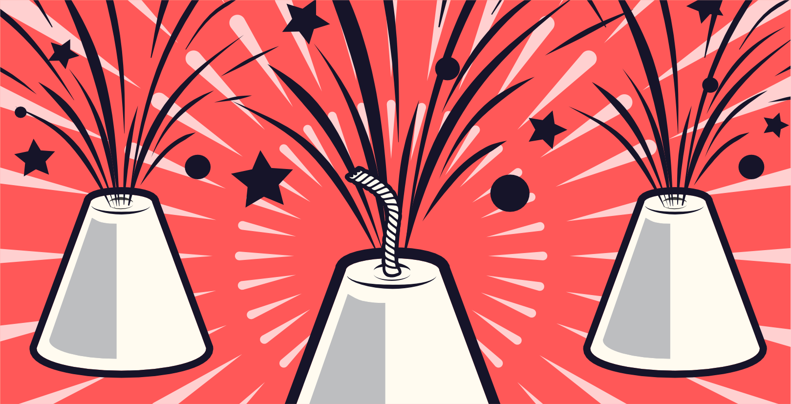 Illustration von drei weißen kegelförmigen Feuerwerkskörpern auf rotem Hintergrund, jeweils mit einer Zündschnur in der Mitte und explodierenden Stern- und Linienmustern, die einen festlichen und dynamischen visuellen Effekt erzeugen.