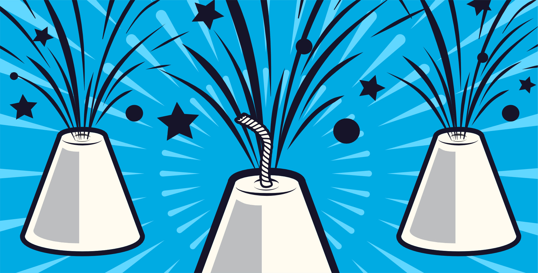 Illustration von drei stilisierten Feuerwerkskegeln auf einem hellblauen Hintergrund mit strahlenden Linien, Sternen und Kreisen. Jeder Kegel hat eine sichtbare Zündschnur, die eine festliche und feierliche Atmosphäre schafft.