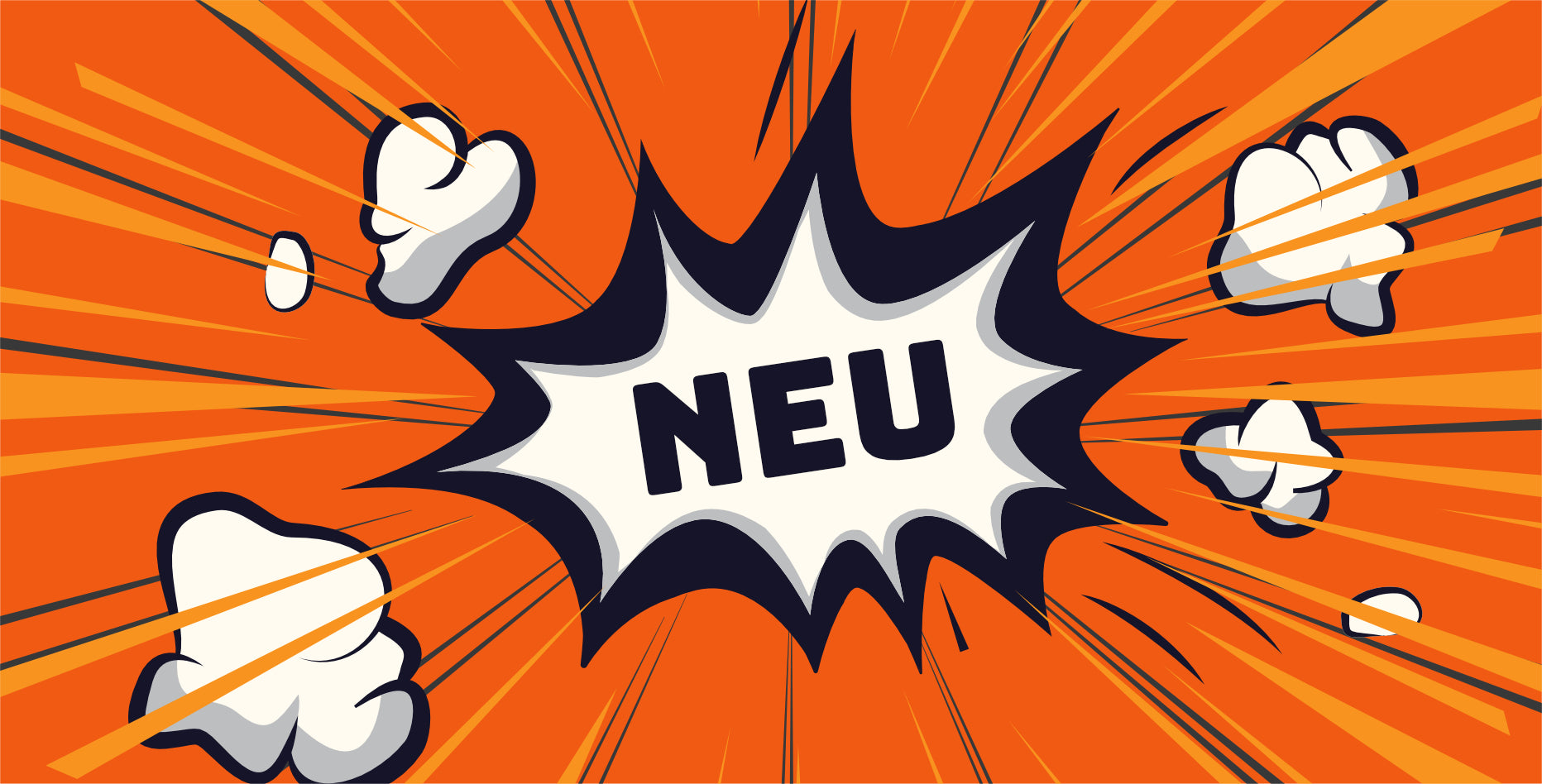 Explosionsgrafik im Comic-Stil mit dem Wort „NEU“ in fetten weißen Buchstaben in der Mitte. Der Text ist von dynamischen orange-weißen Linien und Rauchwolken umgeben, die ein Gefühl von Bewegung und Aufregung erzeugen.