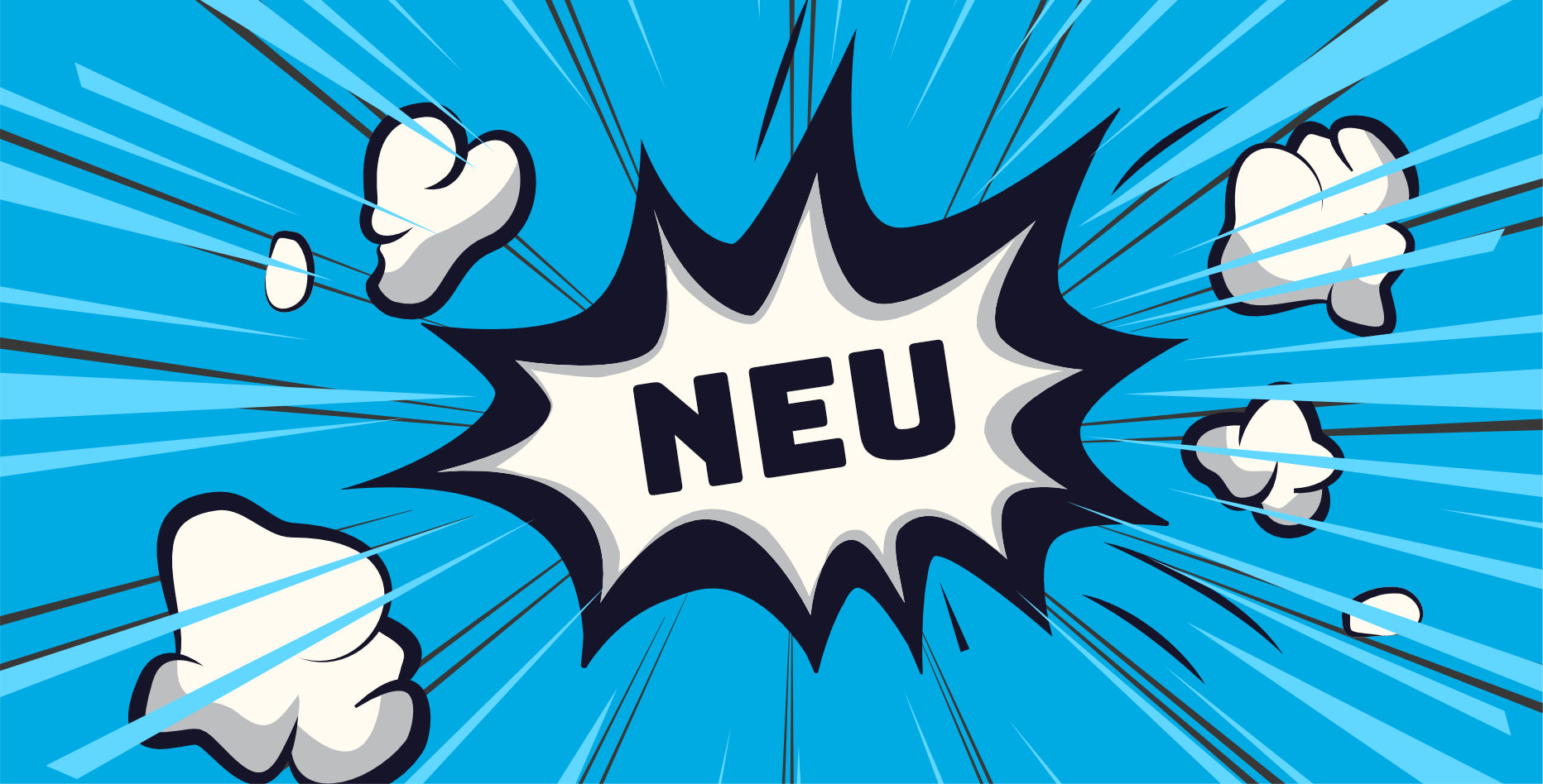 Eine Illustration im Comic-Stil mit blauem Hintergrund zeigt in der Mitte das Wort „NEU“ in fetten Buchstaben, umgeben von dynamischen Linien und Wolken, wodurch ein dramatischer, energiegeladener Effekt entsteht.