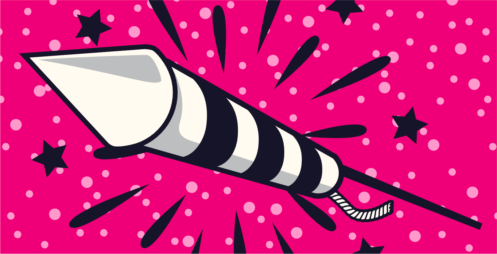 Illustration eines gestreiften Raketenfeuerwerks auf einem leuchtend rosa Hintergrund mit nach außen strahlenden Sternen und Punkten, die eine dynamische und festliche Atmosphäre erzeugen.