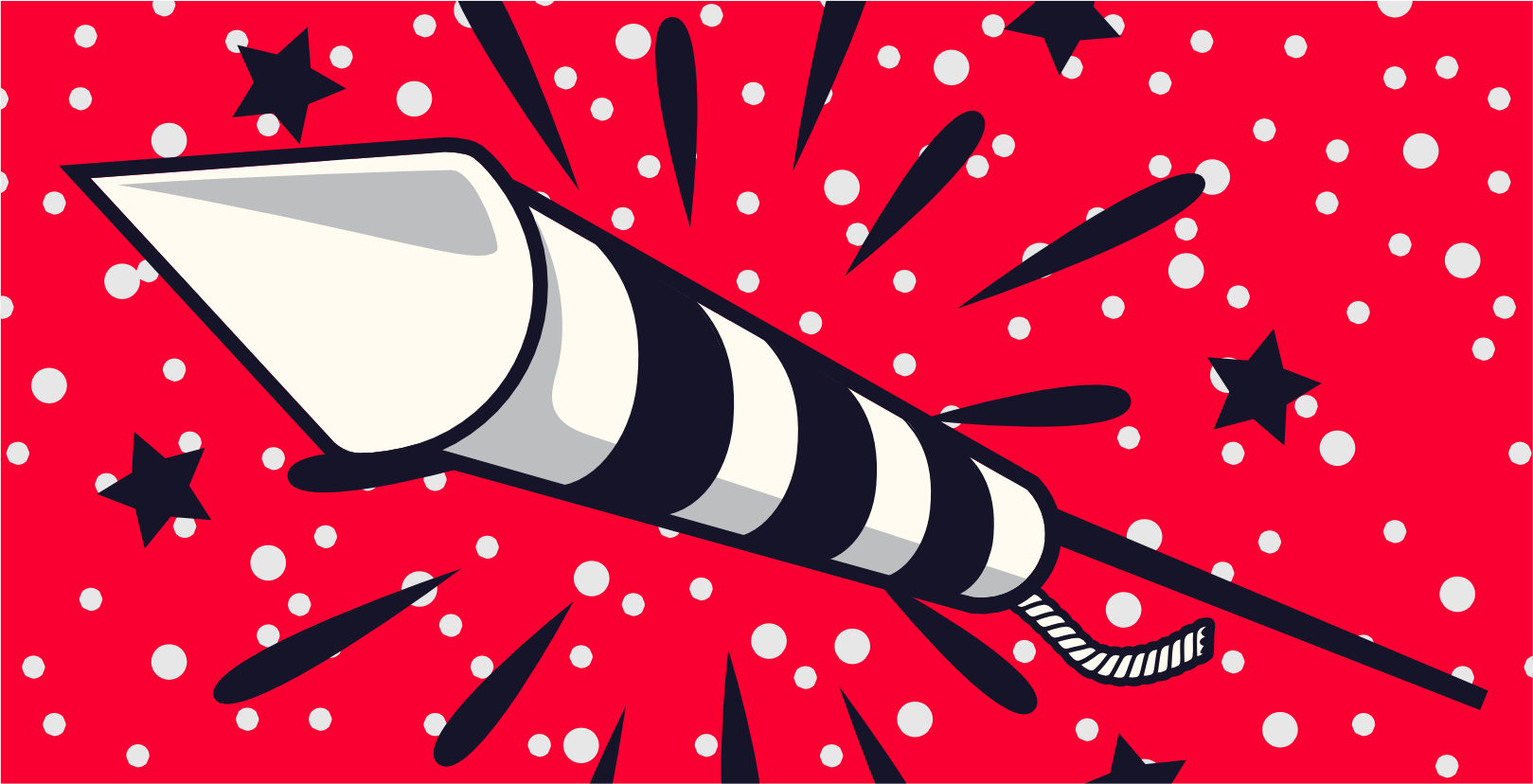 Das Magnum Howling Rockets 6er Pack Raketen von Magnum präsentiert sich in einer farbenfrohen Verpackung auf orangefarbenem Hintergrund mit gelben Punkten. In der unteren linken Ecke ist ein kleines Flammenlogo platziert.