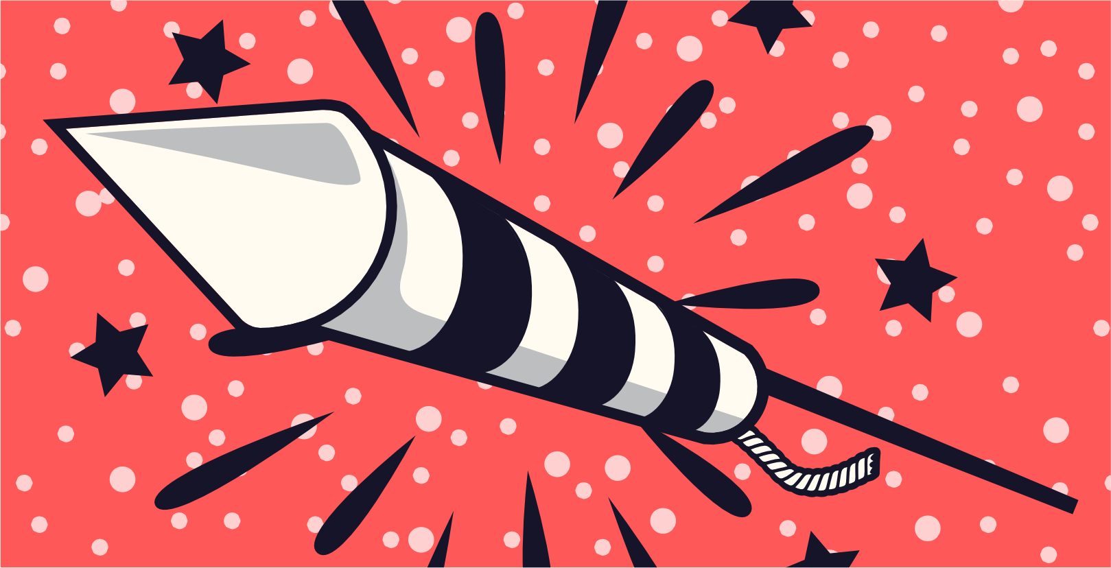 Das Magnum Howling Rockets 6er Pack Raketen von Magnum präsentiert sich in einer farbenfrohen Verpackung auf orangefarbenem Hintergrund mit gelben Punkten. In der unteren linken Ecke ist ein kleines Flammenlogo platziert.