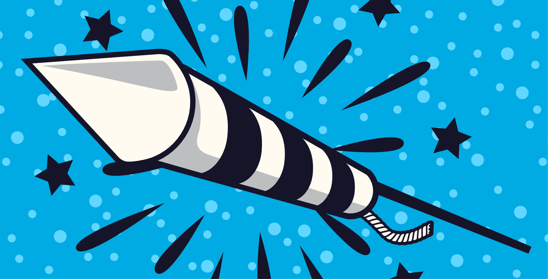 Abbildung einer gestreiften Rakete mit Zündschnur auf blauem Hintergrund mit Sternen und Punkten, die für ein festliches und energiegeladenes Aussehen sorgt.