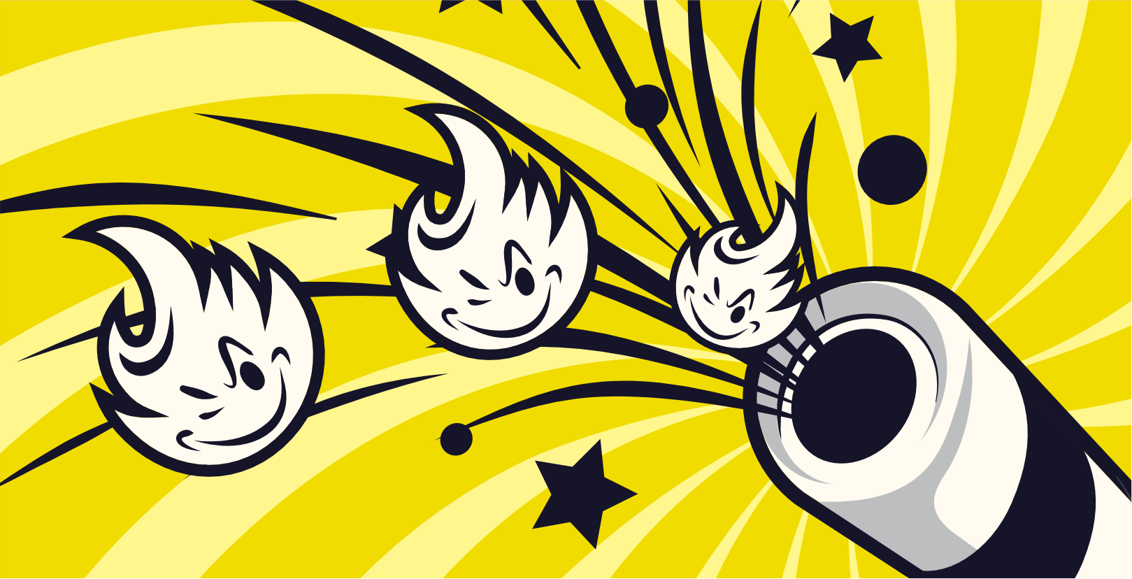 Eine stilisierte Illustration zeigt vier lächelnde kometenartige Figuren mit Feuerschweifen, die aus einer großen Kanone schießen. Der Hintergrund zeigt kräftige gelbe und weiße Spiralmuster mit verstreuten schwarzen Sternen.