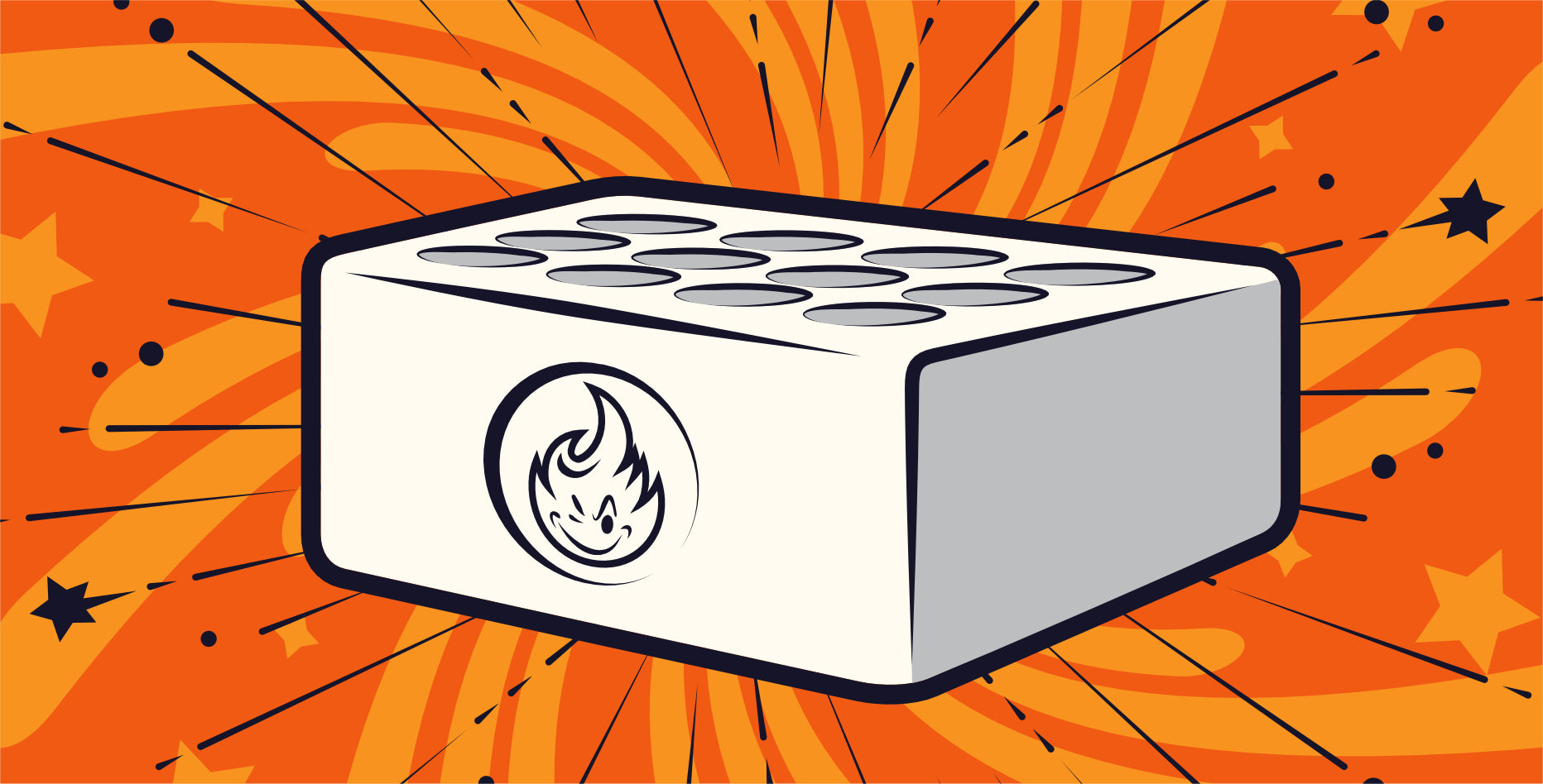 Ein stilisierter Block mit kreisförmigen Einkerbungen wird vor einem orangefarbenen Hintergrund mit dynamischen Sternenmustern angezeigt. Der Block weist auf einer Seite ein schwarz-weißes Flammensymbol auf, was zur lebendigen und energiegeladenen Komposition beiträgt.