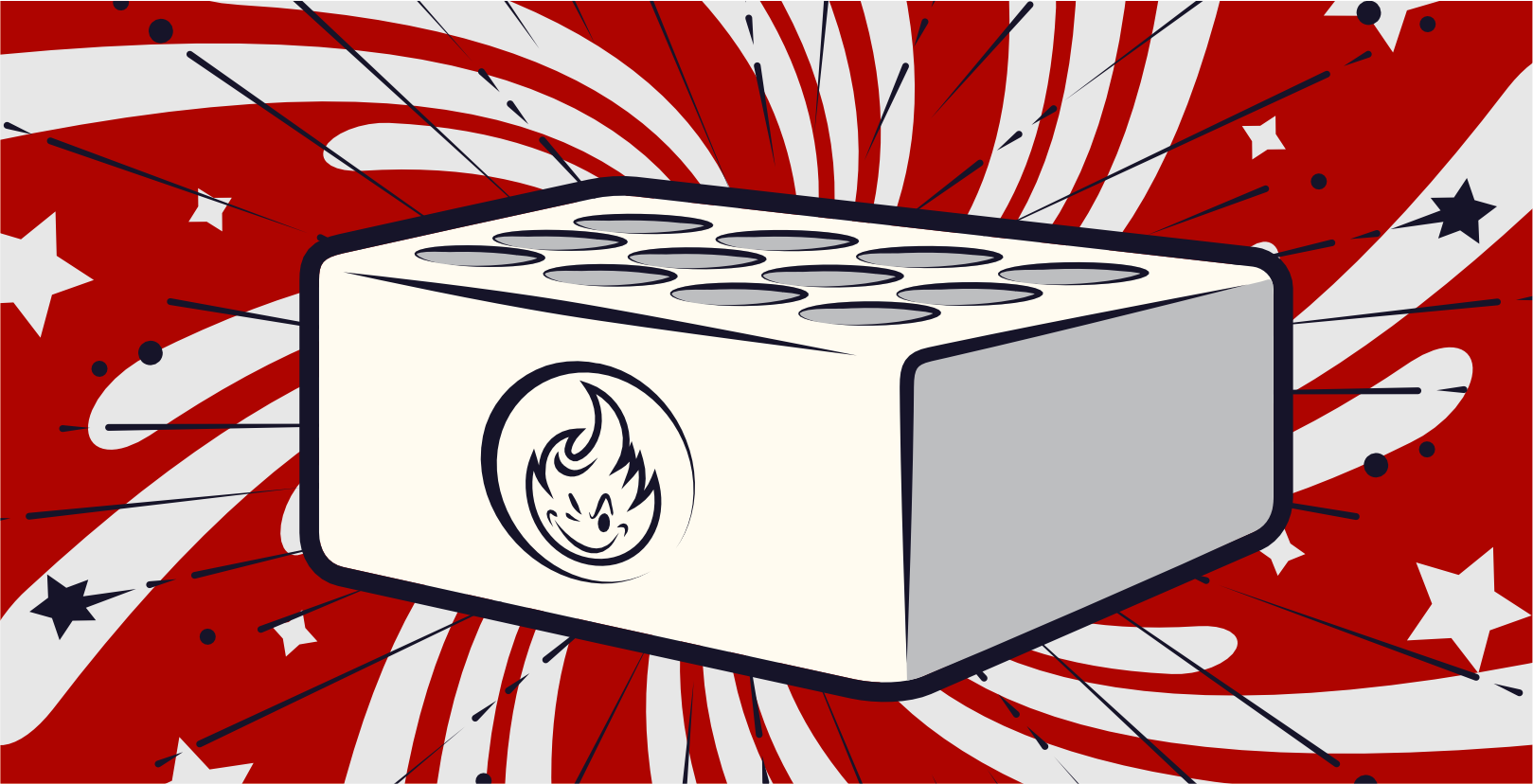 Abbildung eines rechteckigen Feuerwerks im Popper-Stil mit einem Flammenemblem an der Seite. Der Hintergrund zeigt ein dynamisches rot-weißes Wirbelmuster mit verstreuten Sternen und Explosionen, das eine festliche und energiegeladene Atmosphäre schafft.