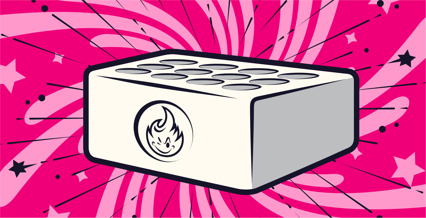 Abbildung eines rechteckigen Blocks mit kreisförmigen Einkerbungen oben und einem Flammensymbol an der Seite. Der Hintergrund ist rosa mit wirbelnden Linien, Sternen und schwarzen Punkten, die nach außen strahlen und ein dynamisches und energiegeladenes Gefühl erzeugen.