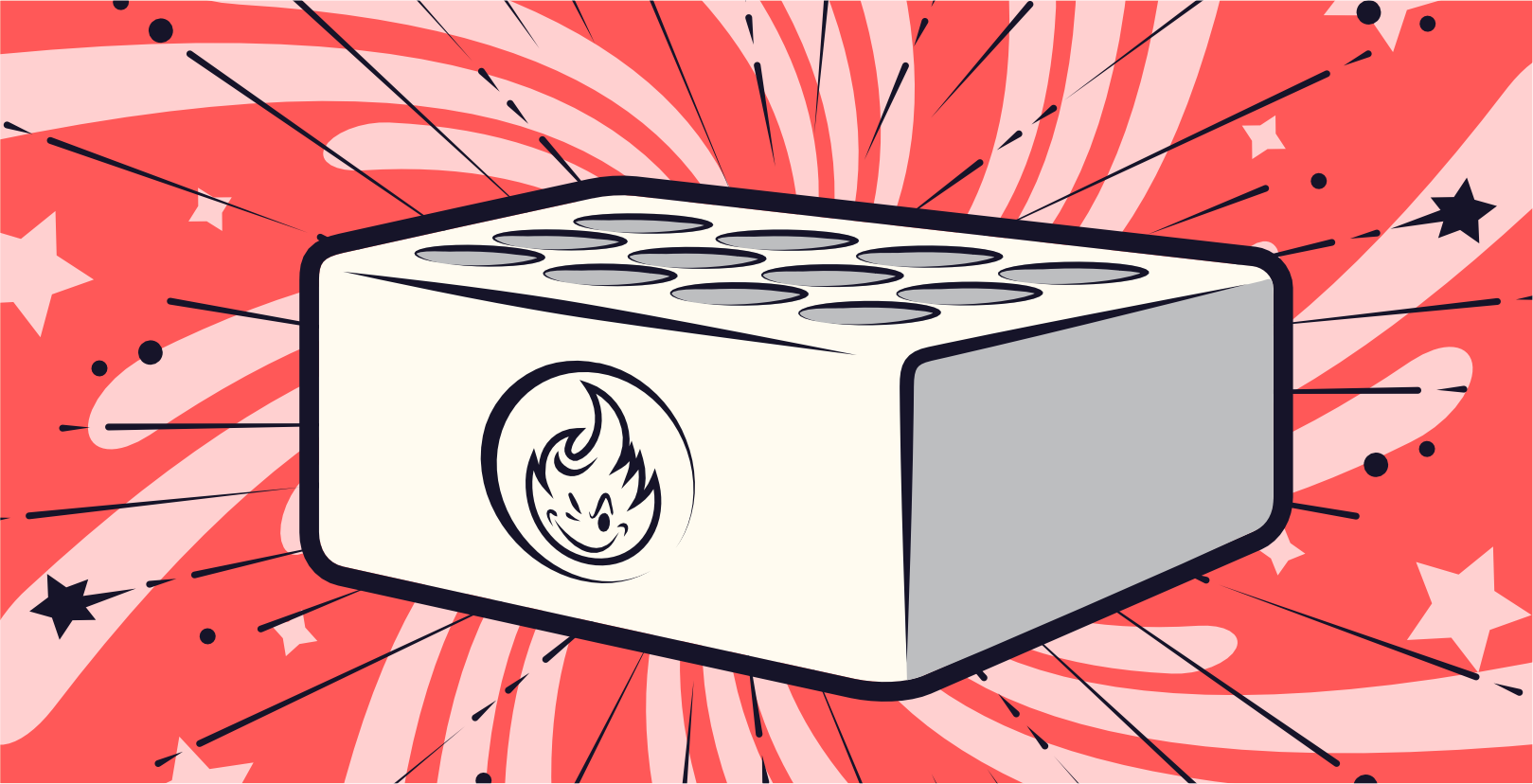 Abbildung eines rechteckigen Blocks auf einem dynamischen roten Hintergrund mit weißen Sternen und Wirbeln. Der Block hat oben kreisförmige Einkerbungen und an der Seite ein Logo mit einer stilisierten Flamme.