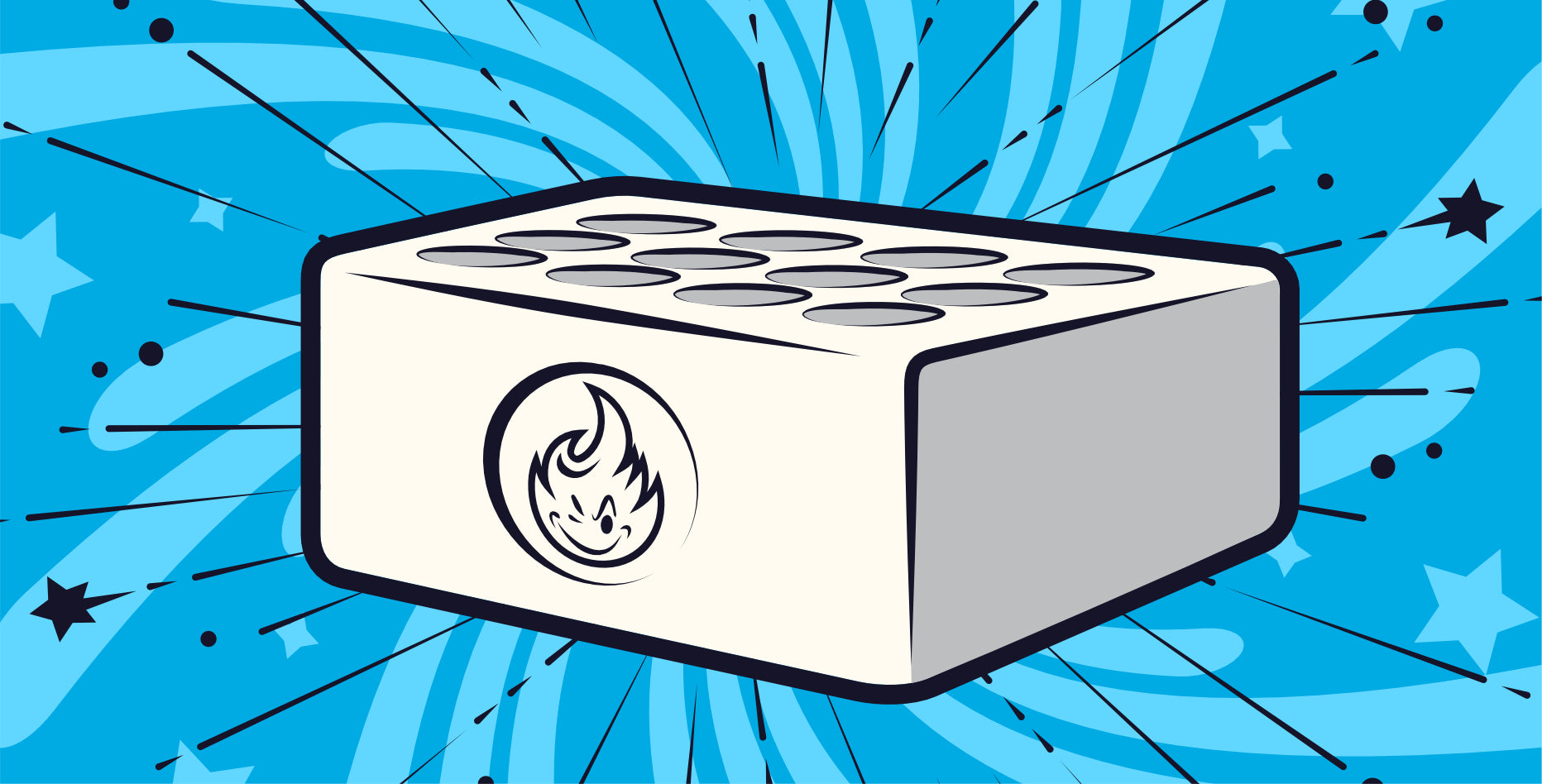 Ein rechteckiger Block mit einem Flammensymbol an der Seite ist vor einem leuchtend blauen Hintergrund mit Sternen und dynamischen Linien abgebildet. Der Block hat auf seiner Oberseite kleine, kreisförmige Einkerbungen.