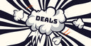 Eine Explosion im Comic-Stil mit dem Wort „DEALS“ in fetten Buchstaben in der Mitte, umgeben von dynamischen schwarzen und weißen Streifen und Rauchwolken, vor einem cremefarbenen Hintergrund.