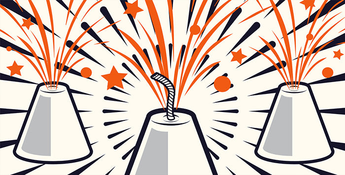 Abbildung von drei kegelförmigen Feuerwerken, die orangefarbene Funken und Sterne vor einem cremefarbenen Hintergrund spucken. Das dynamische Design umfasst nach außen strahlende Explosionen und Streifen in Orange und Schwarz.