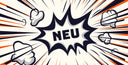 Eine Explosionsgrafik im Comic-Stil mit dem Wort „NEU“ in der Mitte. Strahlende Linien und Rauchwolken sorgen für ein dynamisches Gefühl, wobei ein kräftiges Farbschema aus Schwarz und Orange die dramatische Wirkung verstärkt.