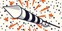 Abbildung eines gestreiften Raketenfeuerwerks vor einem Hintergrund aus orangefarbenen Sternen und schwarzen Punkten, das einen explosiven Effekt erzeugt. Die Rakete hat eine spitze Spitze und eine Zündschnur an ihrer Basis.