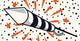 Abbildung eines gestreiften Raketenfeuerwerks vor einem Hintergrund aus orangefarbenen Sternen und schwarzen Punkten, das einen explosiven Effekt erzeugt. Die Rakete hat eine spitze Spitze und eine Zündschnur an ihrer Basis.