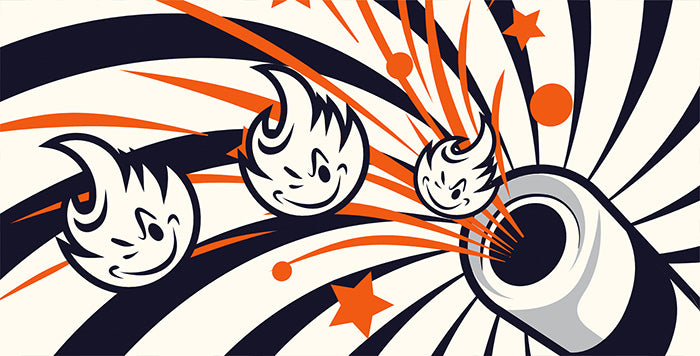 Illustration von drei lächelnden, flammenähnlichen Figuren, die aus einer Kanone schießen. Der Hintergrund zeigt kräftige schwarz-weiße Spiralmuster mit orangefarbenen Sternen und Kreisen, die eine dynamische, verspielte Szene erzeugen.