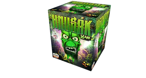Eine würfelförmige Feuerwerksdose mit der Aufschrift "Klasek Hnusak 16sh" von FEUERWERK OUTLET zeigt einen auffälligen neongrünen Schriftzug auf dunklem Hintergrund und ein bedrohliches grünes Gesicht mit glühenden Augen und Blitzen.
