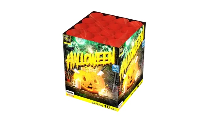 Eine quadratische Klasek Helloween 25sh Box mit der Aufschrift "Helloween" zeigt eine leuchtende Jack-O'-Lantern, Fledermäuse und Feuerwerk. Die offene Oberseite enthüllt 25 rote zylindrische Röhren. Marke: Klasek.