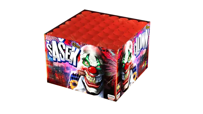 Die Klasek Sasek 49sh von Klasek zeigt eine lebendige Schachtel mit einem grünhaarigen Clown, einer roten Nase und einer Zigarre vor einer Stadtkulisse und bietet 49 Schuss für ein spannendes Feuerwerk.