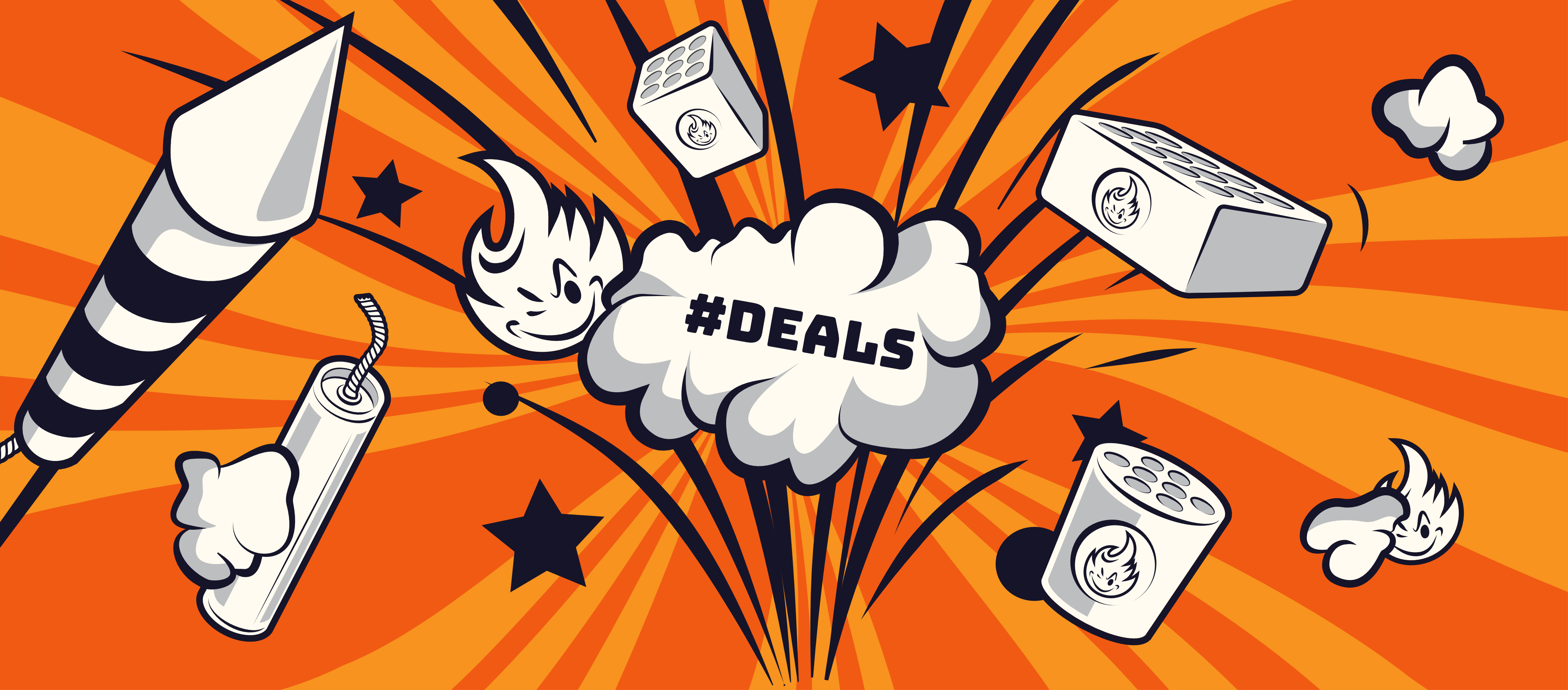 Ein orangefarbener Hintergrund mit festlichen Elementen wie Feuerwerk, Sternen und Knallkörperillustrationen, zentriert um eine Rauchwolke mit dem Hashtag „#DEALS“, der aufregende Angebote oder Werbeaktionen symbolisiert.