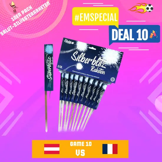 Ein 10er-Pack Funke Silberblitz Raketen von Funke steht aufrecht vor einem rosa und lila Hintergrund. Der Text lautet "#EMSPECIAL DEAL 10", darunter steht "GAME 10" mit Österreich gegen Frankreich und deren Flaggen.