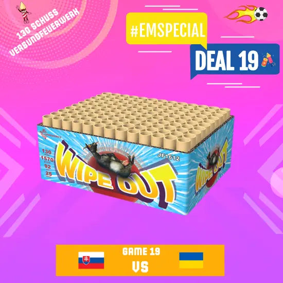 Eine Schachtel von J-Fireworks Wipe Out Family von J-Fireworks steht in der Mitte auf einem rosa und lila Hintergrund. "DEAL 19" und "130 Schuss Verbundfeuerwerk" erscheinen mit slowakischen und ukrainischen Flaggen, die auf ein Matchup hinweisen.