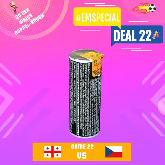 Eine Dose Argento Dualsmoke 38 mm Weiss mit einer gelben Aufreißlasche ist auf einem rosa und lila Hintergrund zentriert. Der Text lautet "EM Special", "Deal 22" und "Game 22: Georgia vs Czech Republic" mit Flaggen und Fußballgrafiken.
