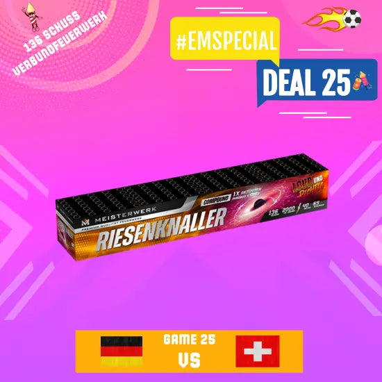 Rechteckige Schachtel mit Riesenknallern von Geisha auf rosafarbenem Hintergrund, mit deutschen und schweizerischen Flaggen, Aufschriften "Game 25", "EMSpecial", "Deal 25" und "136 Schuss Verbundfeuerwerk". Beinhaltet Fußball- und Feuerwerkssymbole.