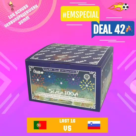 Die Funke Scala 100A Cakebox von Funke ist auf einem rosa Hintergrund abgebildet und zeigt "DEAL 42", "#EMSPECIAL" und das Spiel Portugal gegen Slowenien sowie festliche Symbole und erstaunliche 30 mm Verbundfeuerwerk-Effekte.