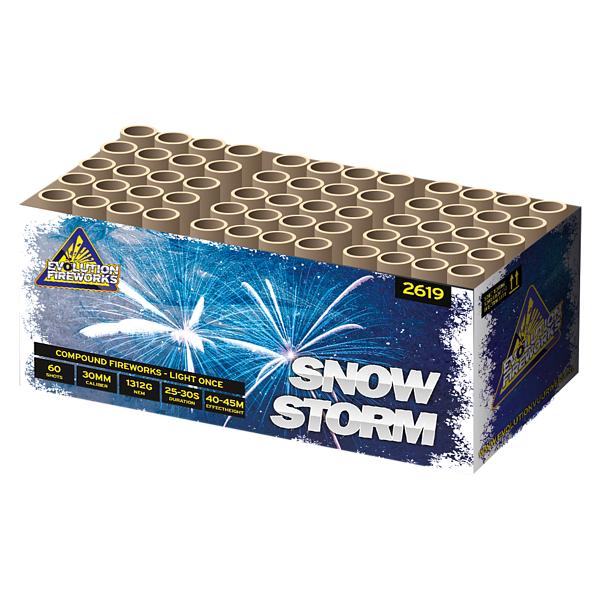 Der Evo Snowstorm 30mm von Evolution ist eine rechteckige Box mit weißem Feuerwerk auf blauem Hintergrund und mehreren sichtbaren Röhren, die einen schillernden Schneesturm-Effekt für Ihre Feier versprechen.
