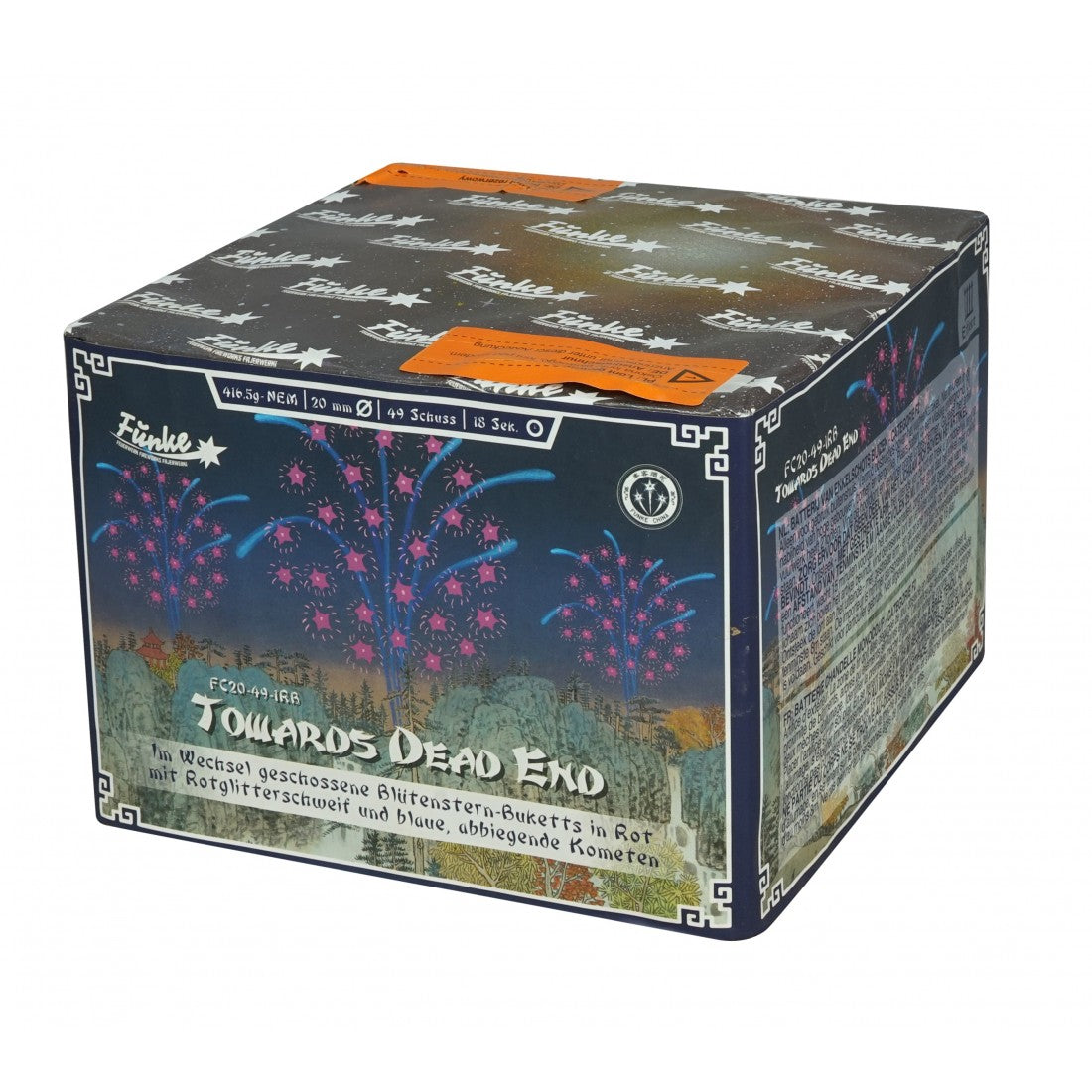 Eine Funke-Feuerwerksdose "Towards Deads End" zeigt rote und blaue Feuerwerkskörper, Produktangaben und Sicherheitshinweise in deutscher Sprache, umrahmt von auffälligen Zierleisten.
