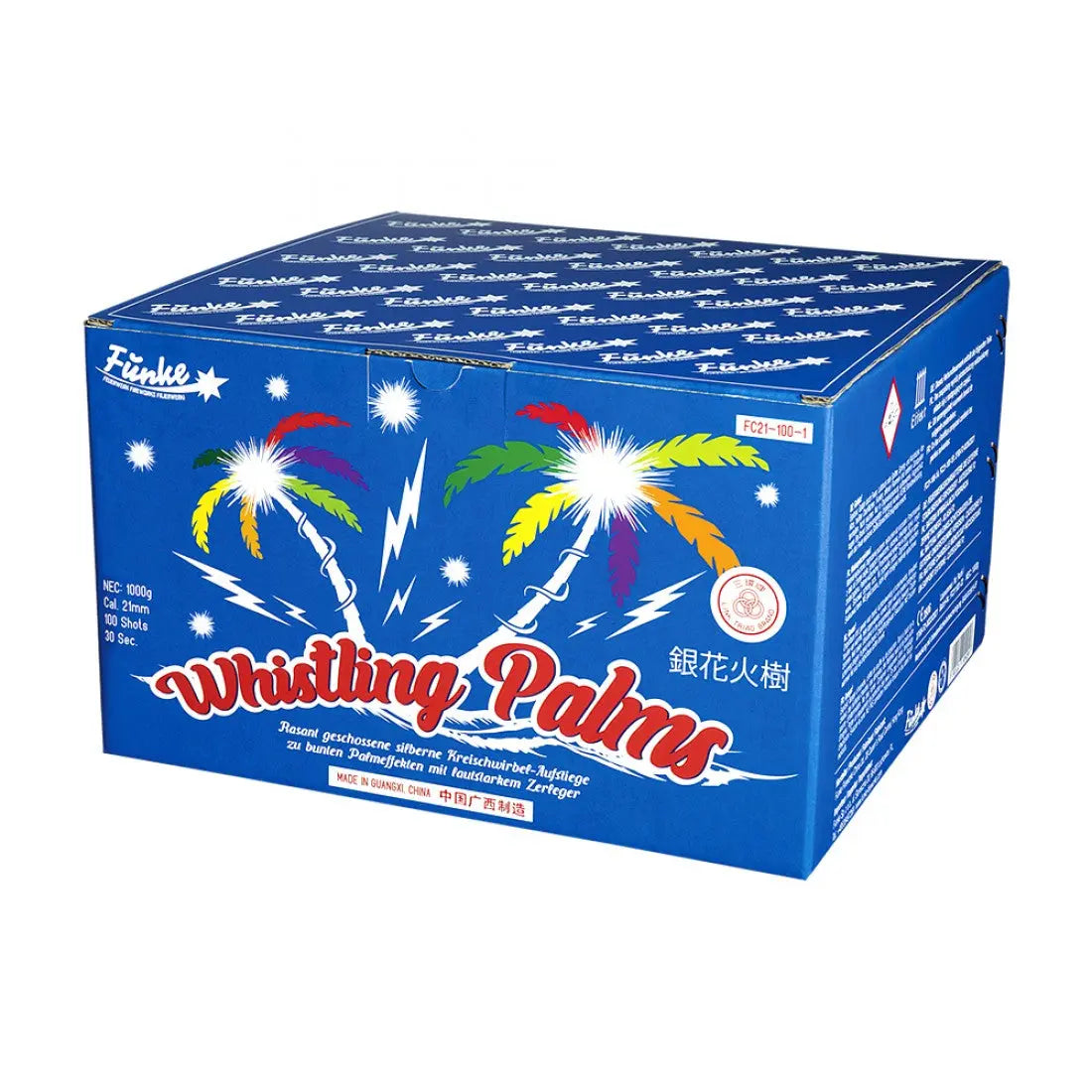 Die farbenfrohe Funke Whistling Palms Box von Funke zeigt ein palmenförmiges Feuerwerk mit pfeifenden Effekten in Rot, Gelb, Grün und Blau auf blauem Hintergrund. Die Verpackung enthält mehrsprachige Produktangaben.