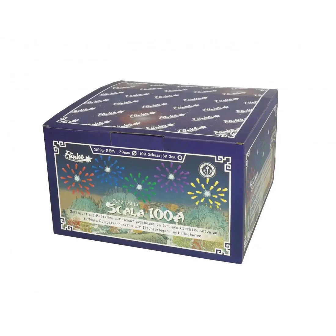 Eine rechteckige blaue Schachtel mit der Aufschrift "Funke Scala 100A Cakebox" ist mit einer farbenfrohen Feuerwerksgrafik, weißen Rändern und dem Funke-Branding versehen. Diese 30-mm-Verbundfeuerwerkspackung liefert 100 aufregende Schüsse eines bunten Feuerwerks.