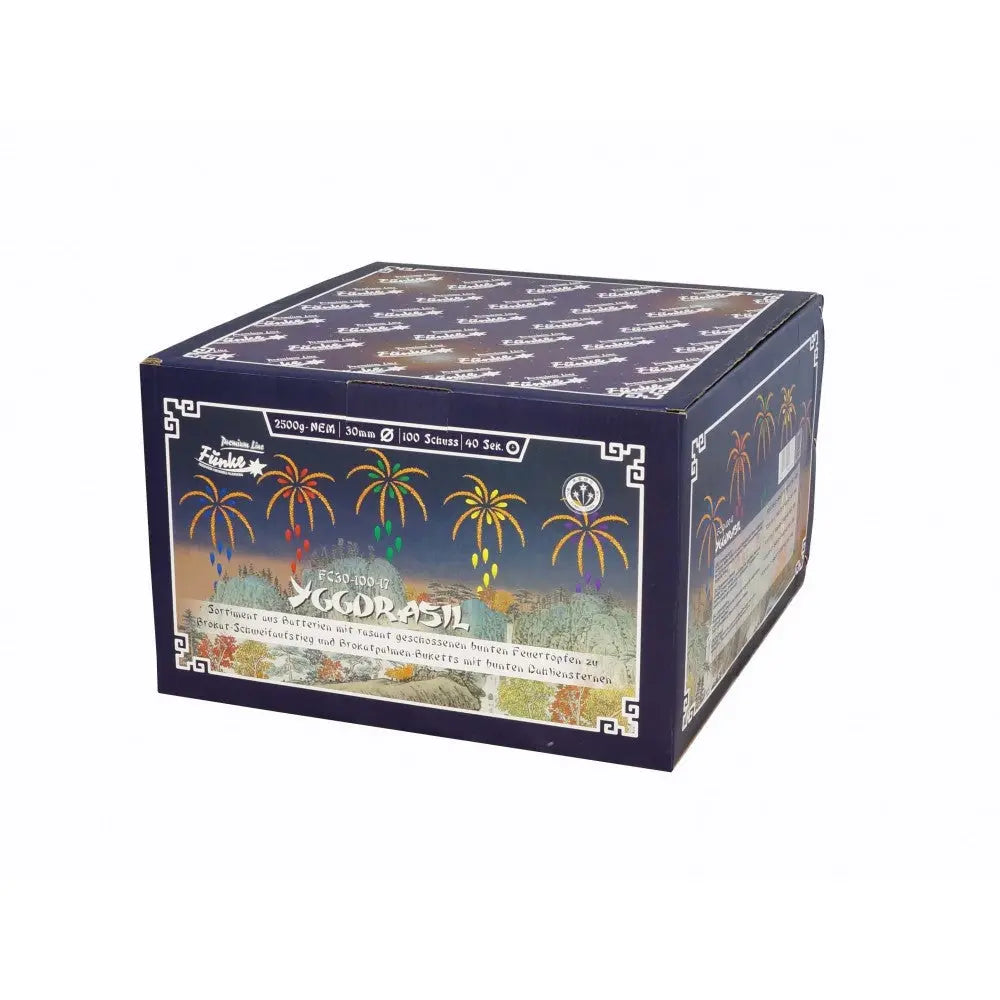 Die Funke Yggdrasil Cakebox von Funke ist eine rechteckige Feuerwerksbox mit lebendiger Pyrotechnik auf dunklem Hintergrund und Produktdetails auf der Vorder- und Oberseite.