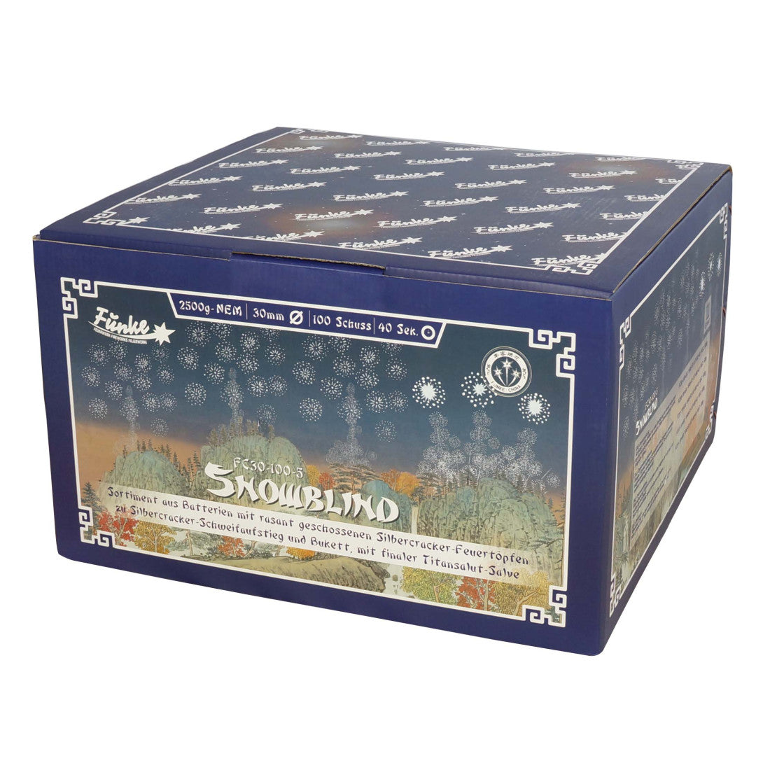 Die blaue, rechteckige Funke Snowblind Cakebox von Funke ist mit einer Schneeflockengrafik, einer verschneiten Waldszene, Produktdetails in goldener Schrift und weißen Linienrändern versehen.